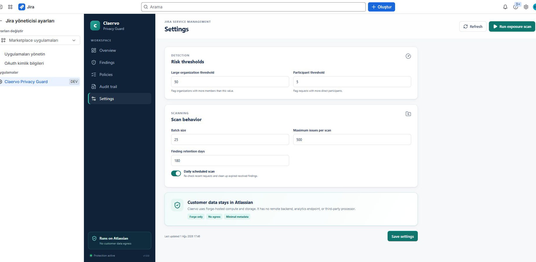 Claervo Privacy Guard ayarları ve yalnızca Forge veri sınırı.